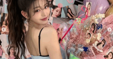 Jang Wonyoung stuns in sky blue outfit with floral bouquet and idol visuals