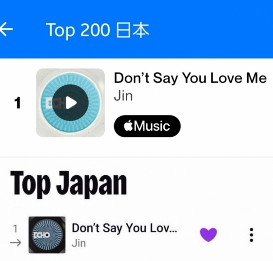Global music chart dominance of Jin's Don't Say You Love Me on Spotify and Shazam